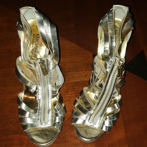 Michael Kors Gold with Cork Stilettos Size 8 M Leather Shoes Straps Barely Used